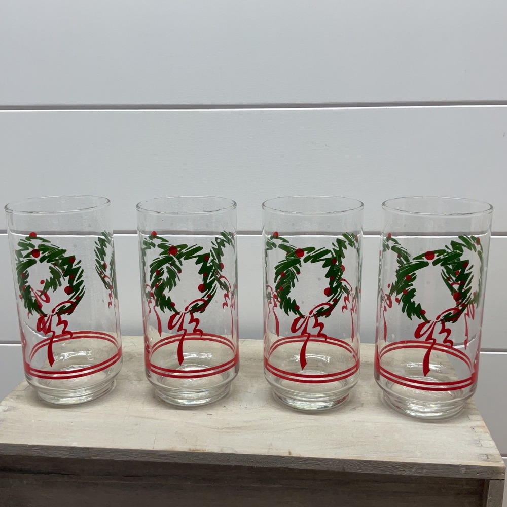Vintage Christmas Wreath Drinking Glasses Set of 4 Red Green Holiday Tumblers